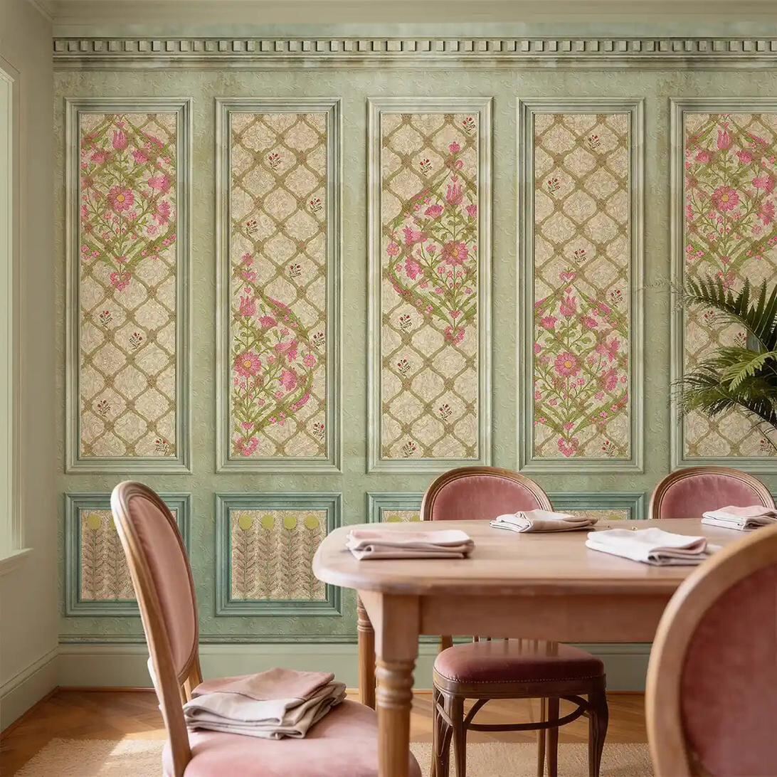 Luxury dining room with floral panel wallpaper and warm wood furnishings — full catalogue of interior crafts at Siddhi Decorators