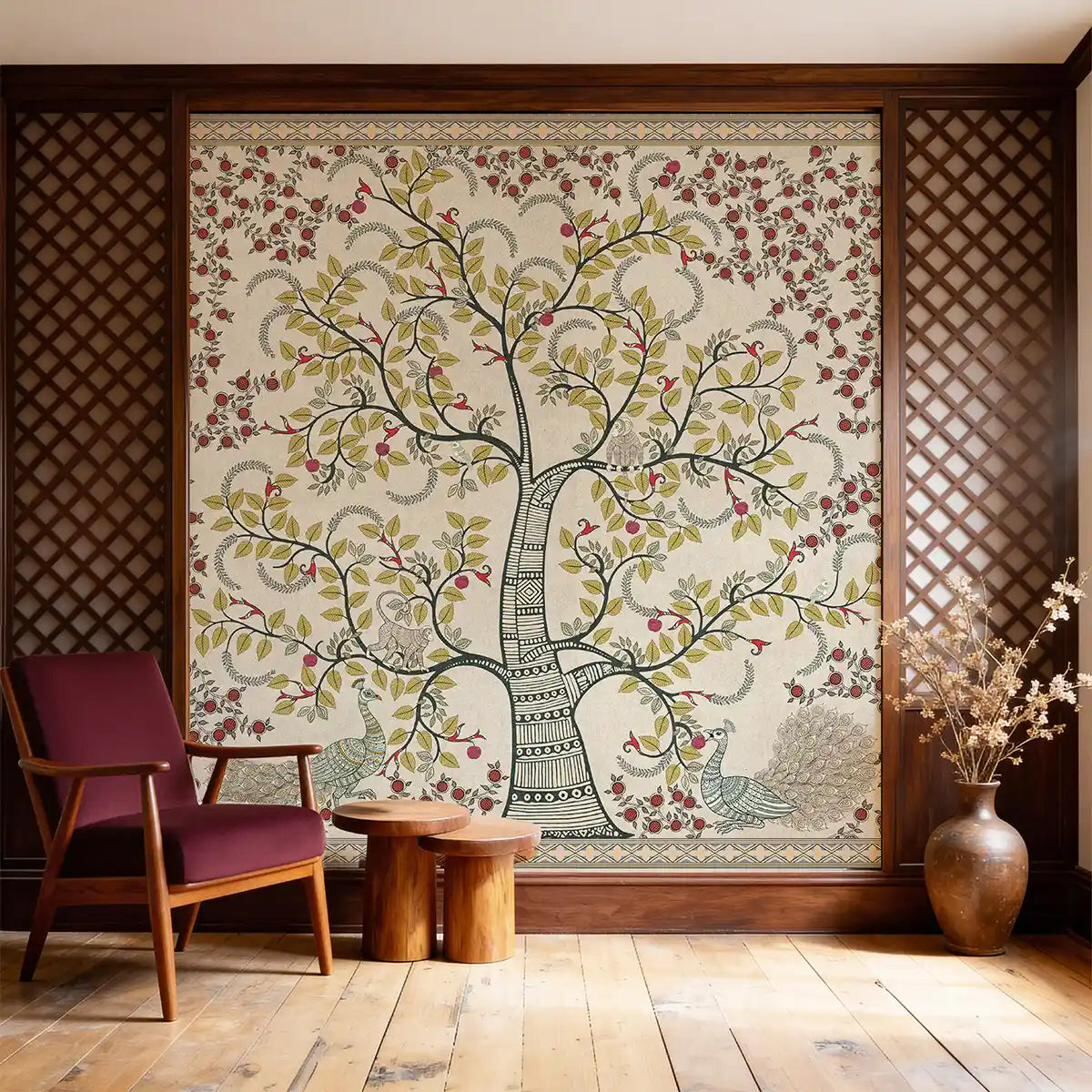 Anant Vriksha tree-of-life wallpaper mural in beige study room with maroon armchair — recent installation by Siddhi Decorators