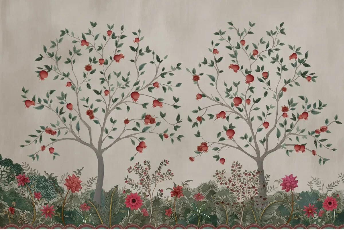 Heritage Pichvai-style wallpaper mural with pomegranate trees and floral border — customised wallpaper available at Siddhi Decorators, Pitampura