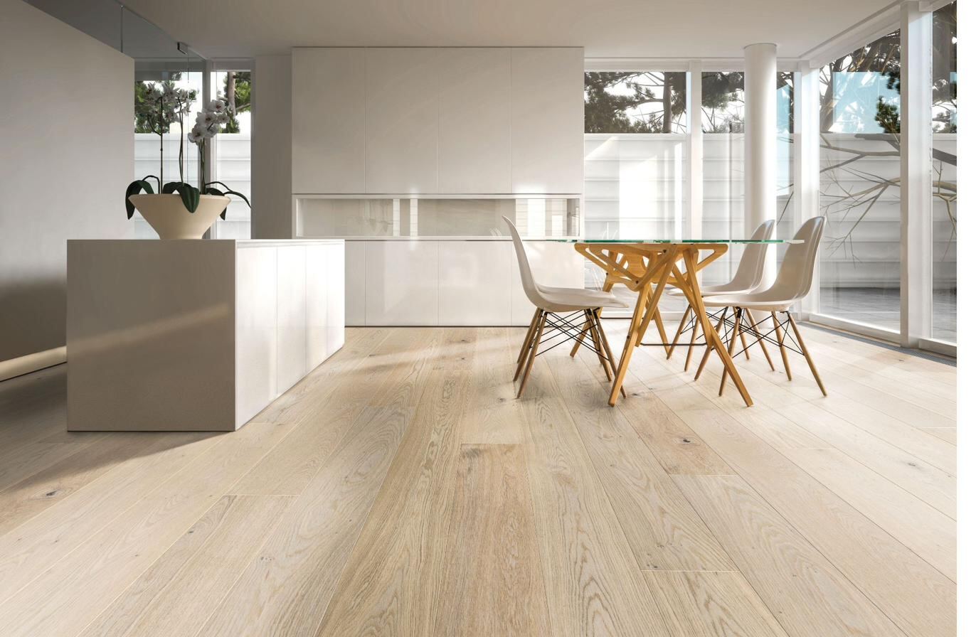 Engineered oak wooden flooring in modern dining room — premium wooden flooring installation by Siddhi Decorators across Delhi NCR