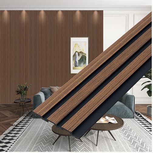 WPC charcoal louvers in walnut finish on accent wall — wood-textured wall panels installed by Siddhi Decorators, Delhi NCR