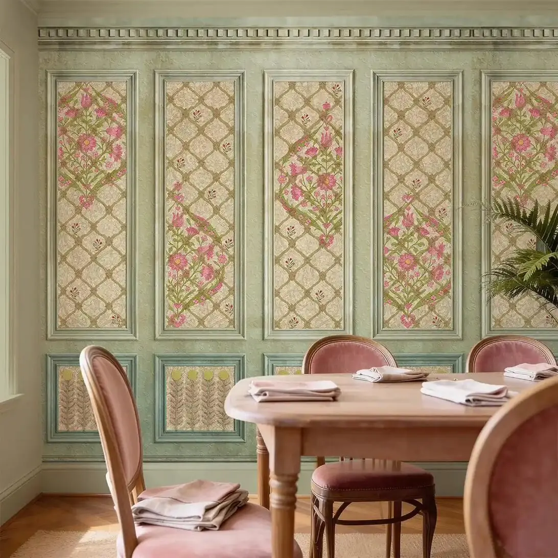 Luxury dining room with floral panel wallpaper and warm wood furnishings — full catalogue of interior crafts at Siddhi Decorators