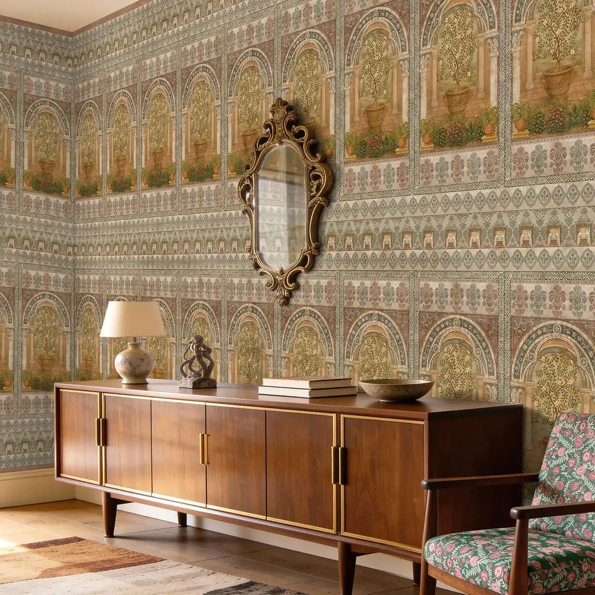 Design inspiration: heritage mural with botanical alcoves above a console and mirror