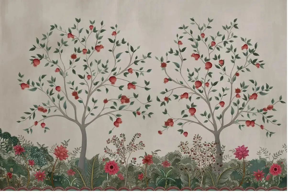Illustrative Pichvai-style wallpaper mural with pomegranate trees and a floral border