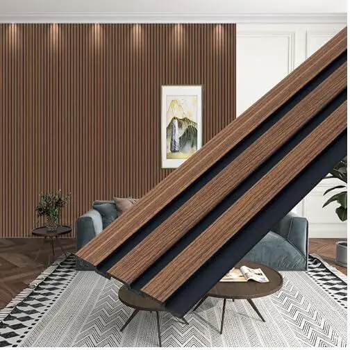 Design inspiration: charcoal and walnut-toned louvers on an accent wall